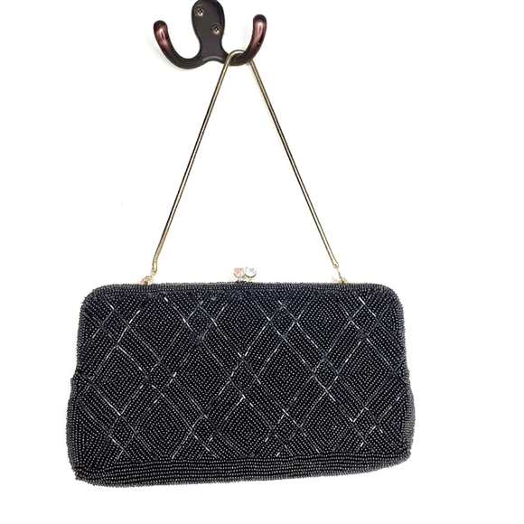 Vintage Handbags - Vintage black beaded purse with snake chain strap